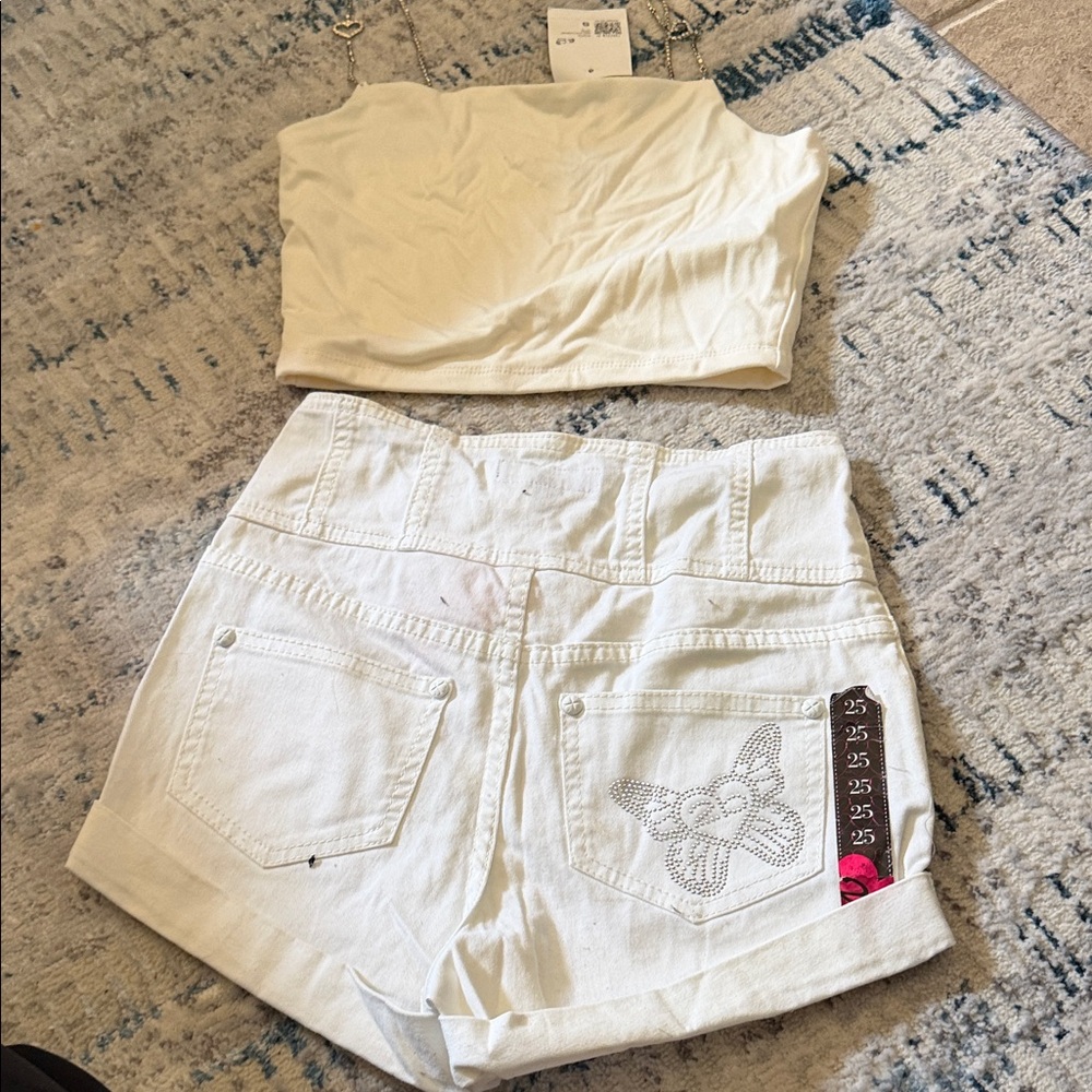 White Denim High-Waist Shorts with Crystal Flower Detail Bundle